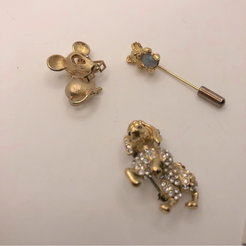 X3 Gold Tone Animal Brooches Poodle Dog / Mouse & Koala Stick Pin